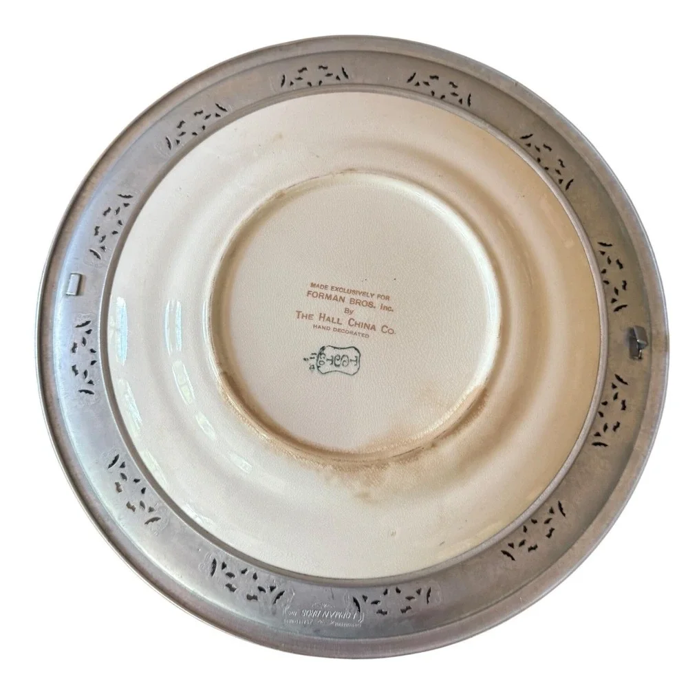 Vintage Hall China Lustreware Cake Plate, Chrome Forman Bros Handle Tray